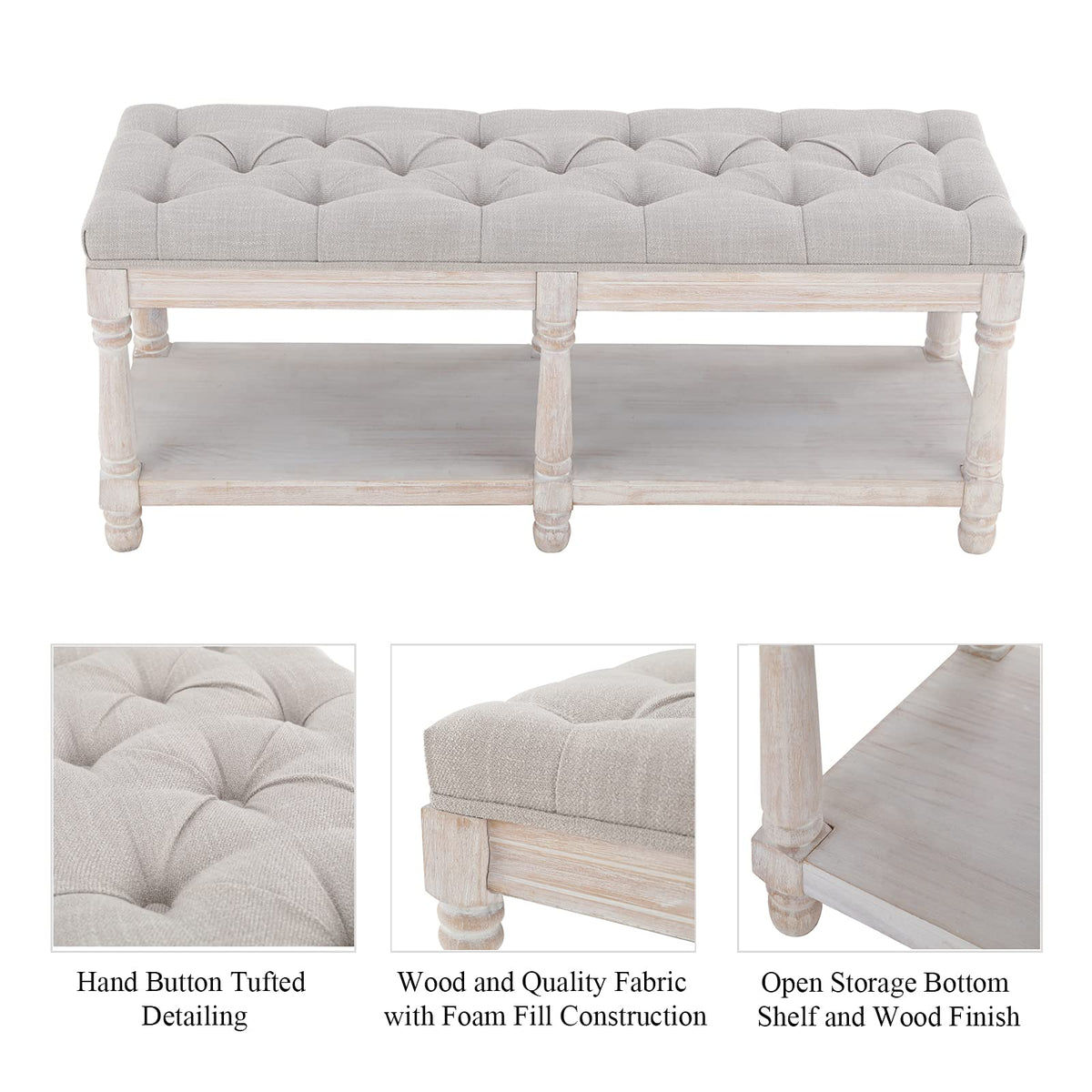 Beige Linen Upholstered Tufted Storage Bench with Shelf Z5530