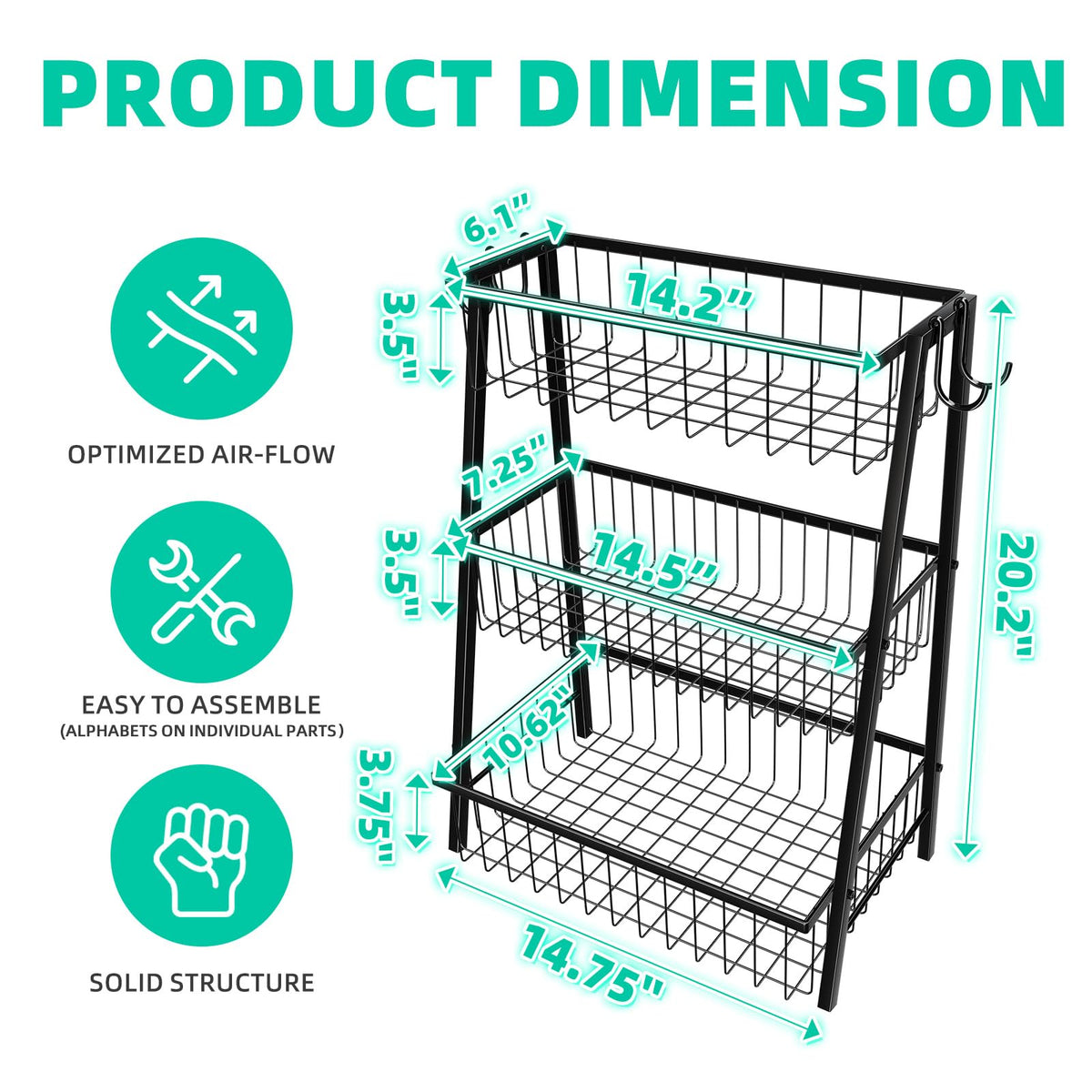 3-Tier Black Metal Wire Fruit Basket with Banana Hooks D90184