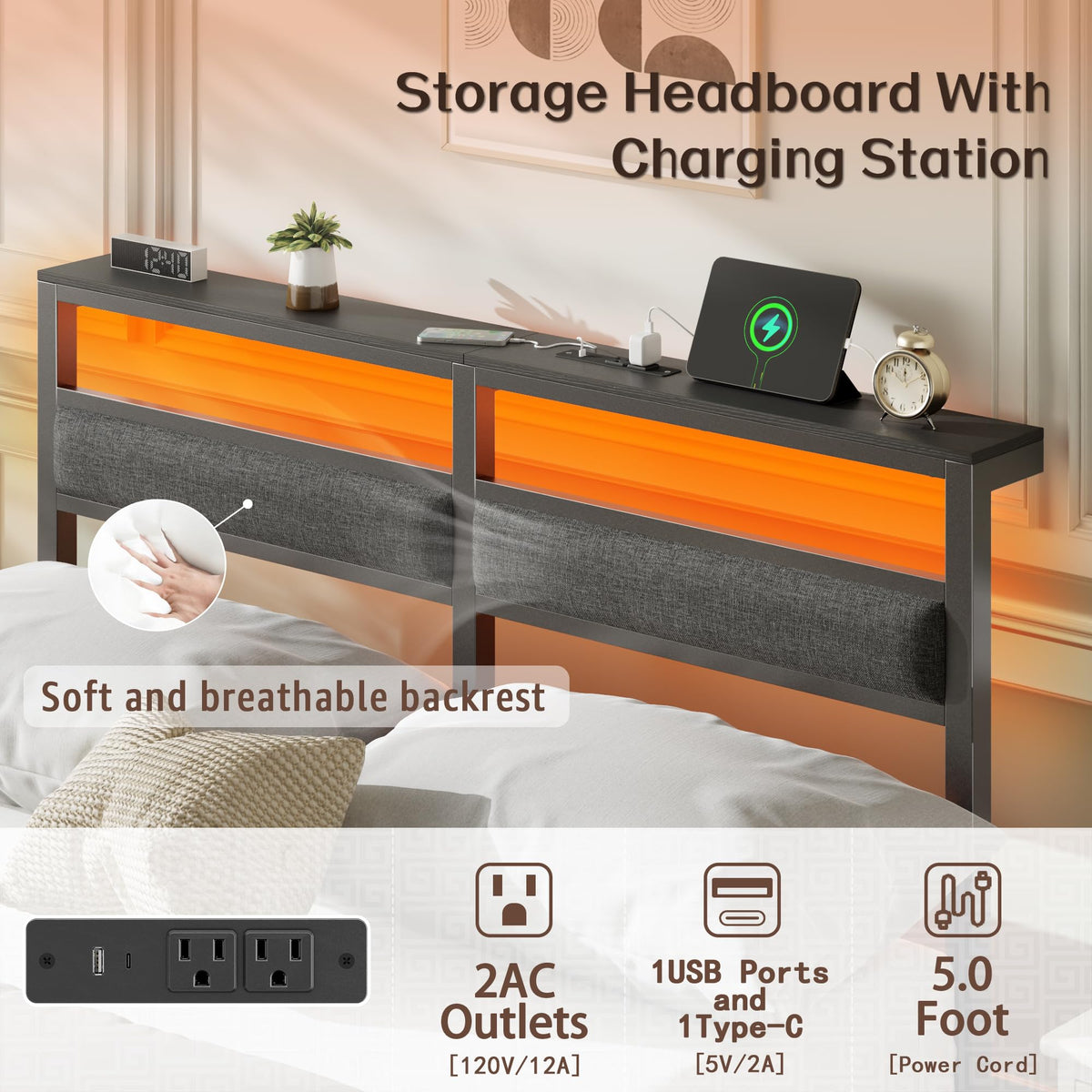 Full Size Black Platform Bed with LED Lights & Charging N349944