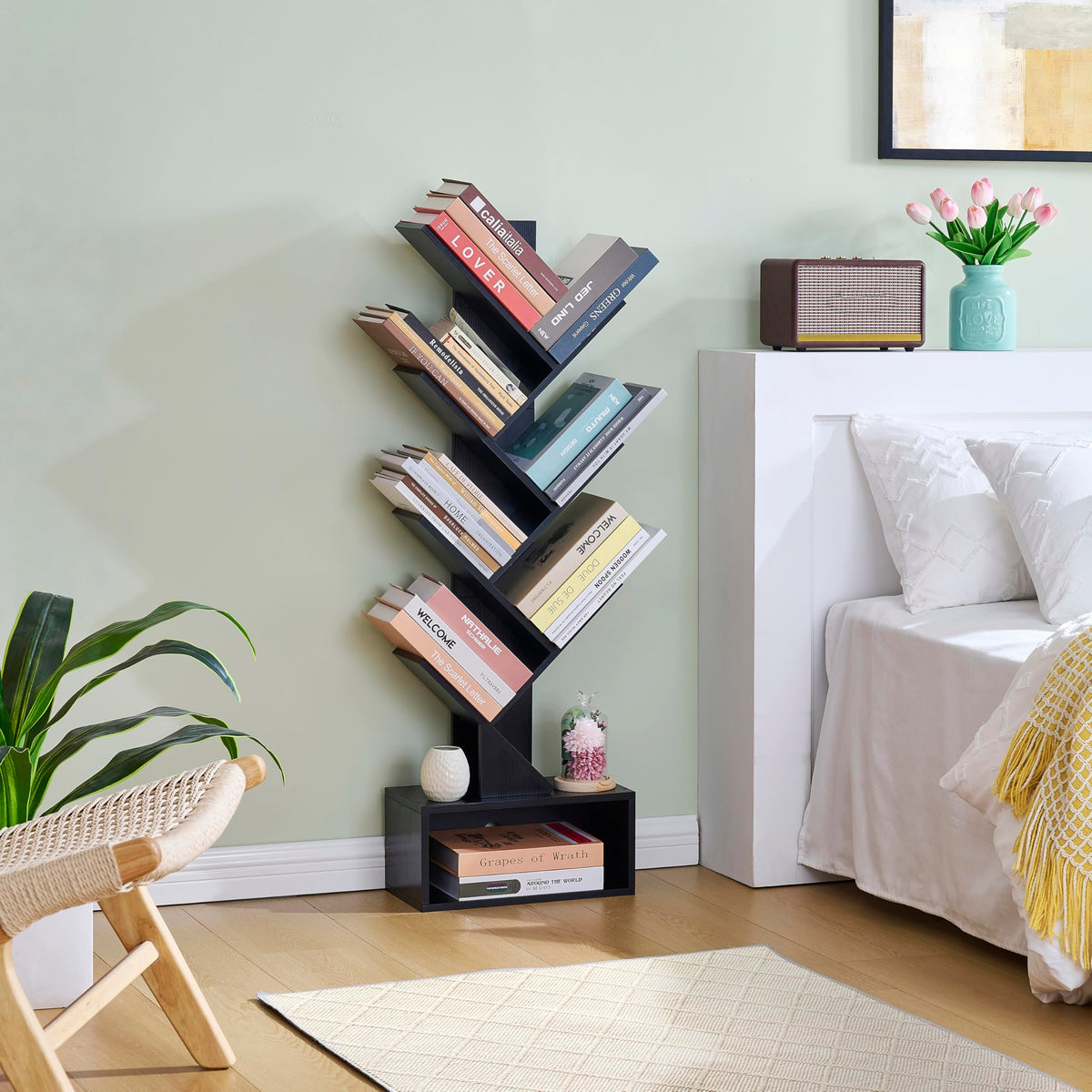 Black 6 Tier Wood Tree Bookshelf with Drawer A96024