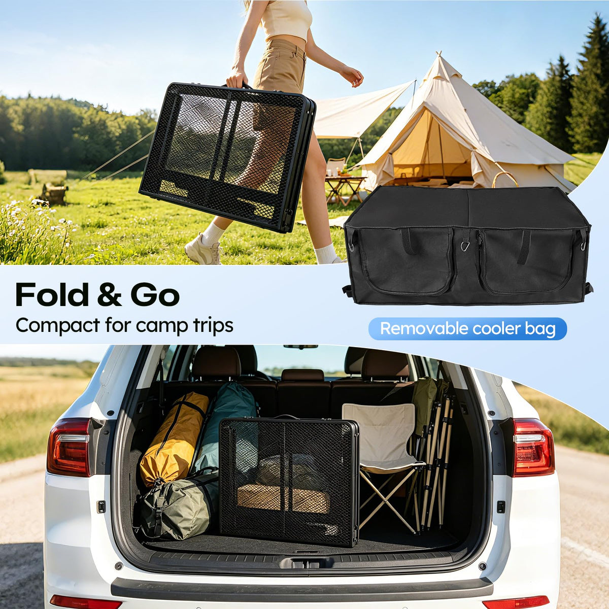 Folding Camping Table with Storage and Cooler Bag O283