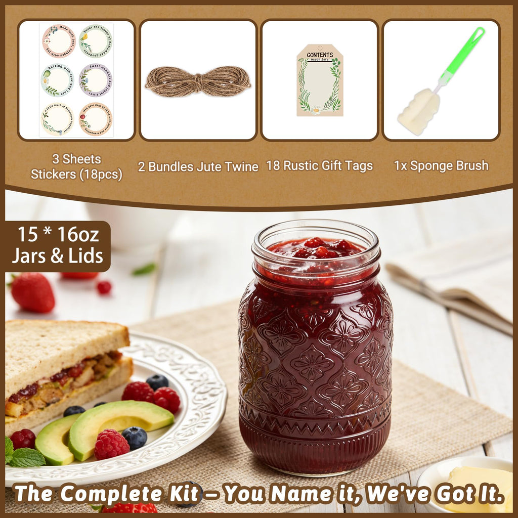 16oz Embossed Mason Jars 15-Pack with Airtight Lids X526