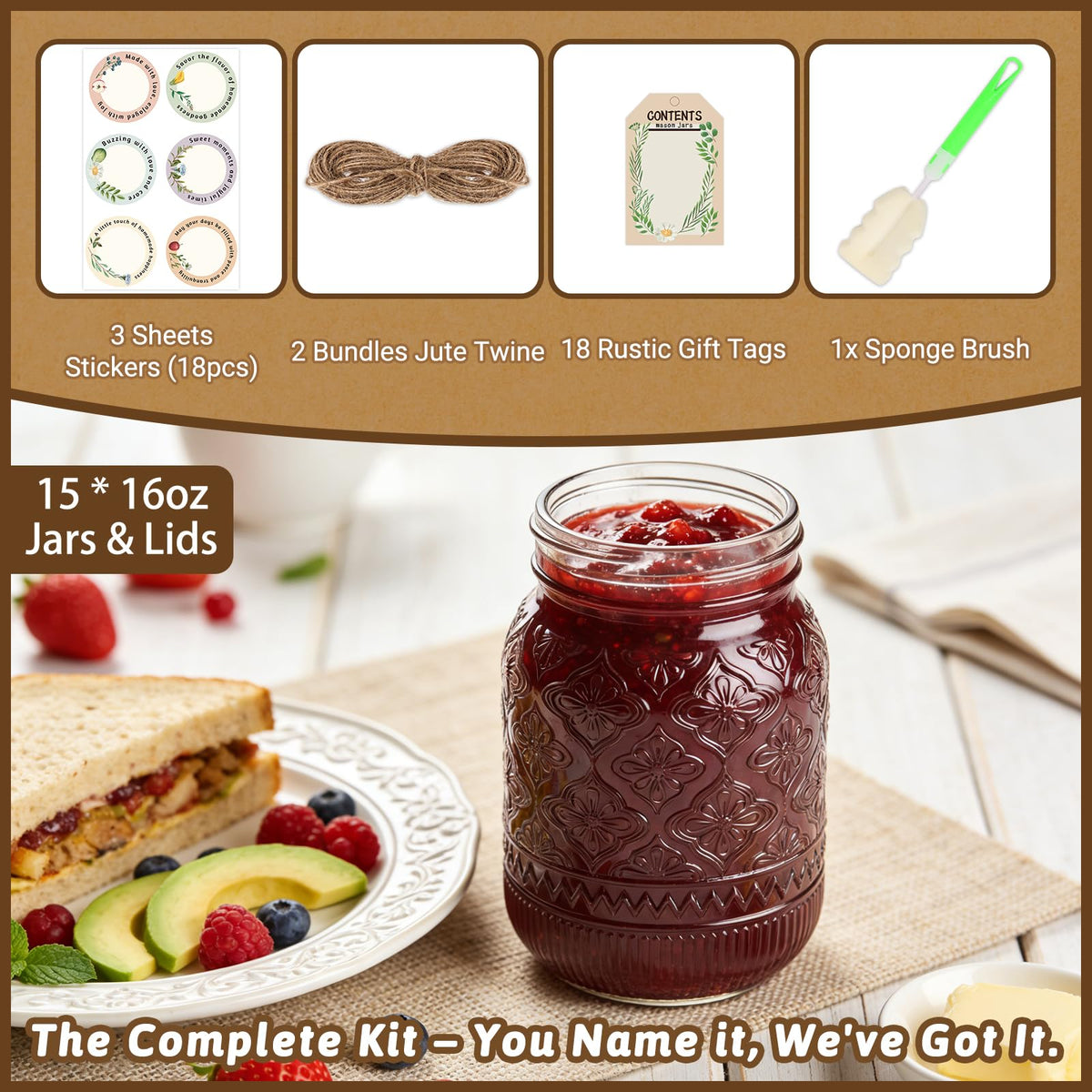 16oz Embossed Mason Jars 15-Pack with Airtight Lids X526