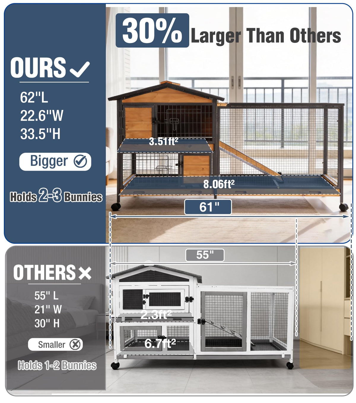 Extra Large Wooden Rabbit Hutch on Wheels H6522