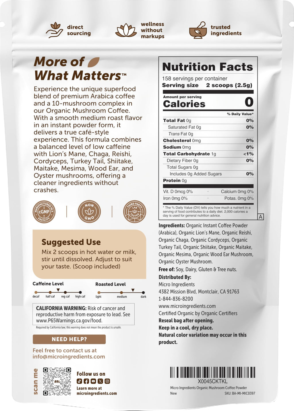 Organic Instant Mushroom Coffee, 14 oz Medium Roast Arabica D88881