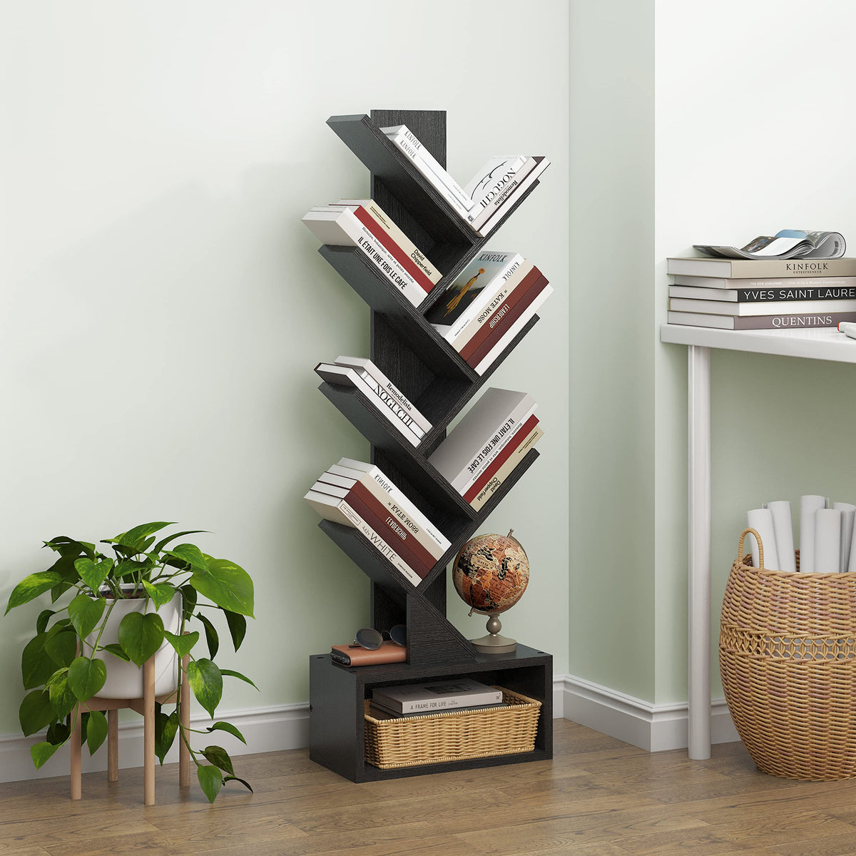 Black 6 Tier Wood Tree Bookshelf with Drawer A96024