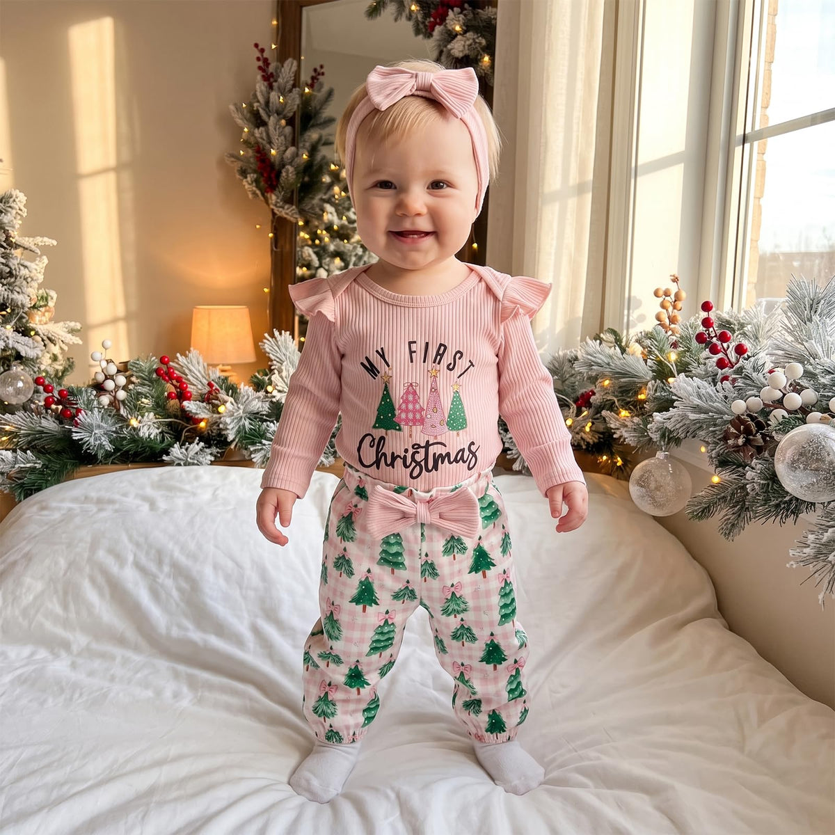 Newborn Baby Girl Christmas Outfit Romper Pants Set V8458