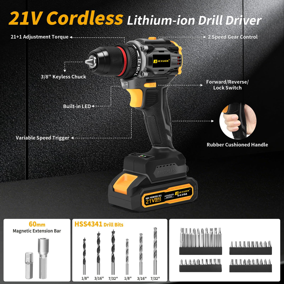 Cordless Drill Set 21V Brushless with 2 x 2.0Ah Battery N1933