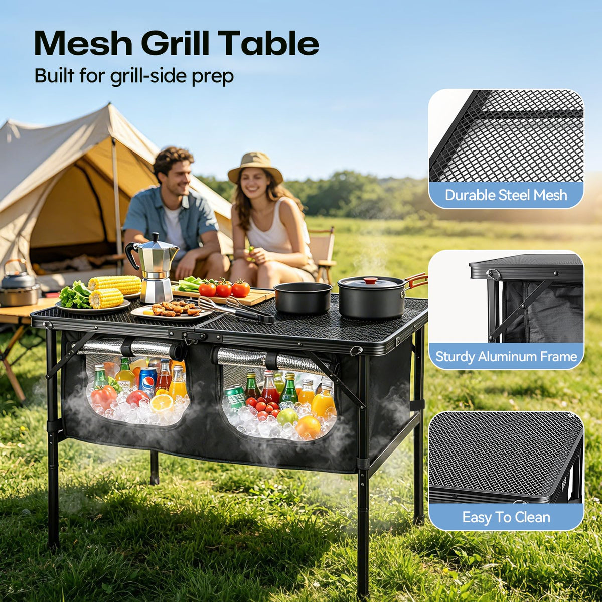 Folding Camping Table with Storage and Cooler Bag O283