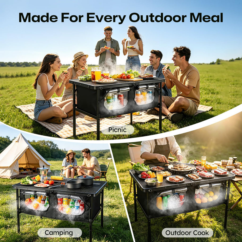 Folding Camping Table with Storage and Cooler Bag O283