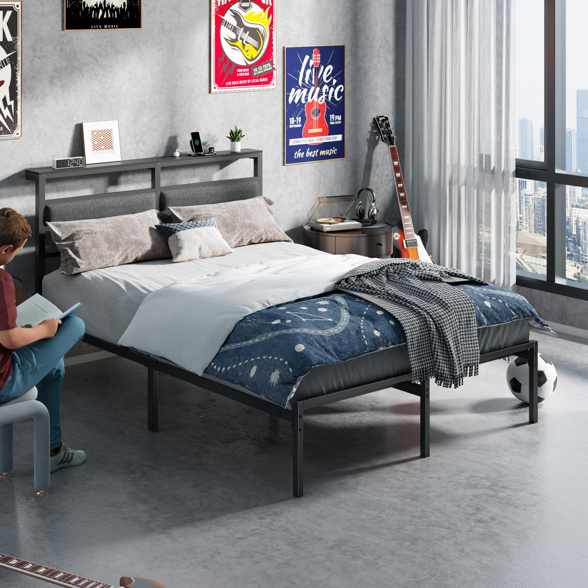Full Size Black Platform Bed with LED Lights & Charging N349944