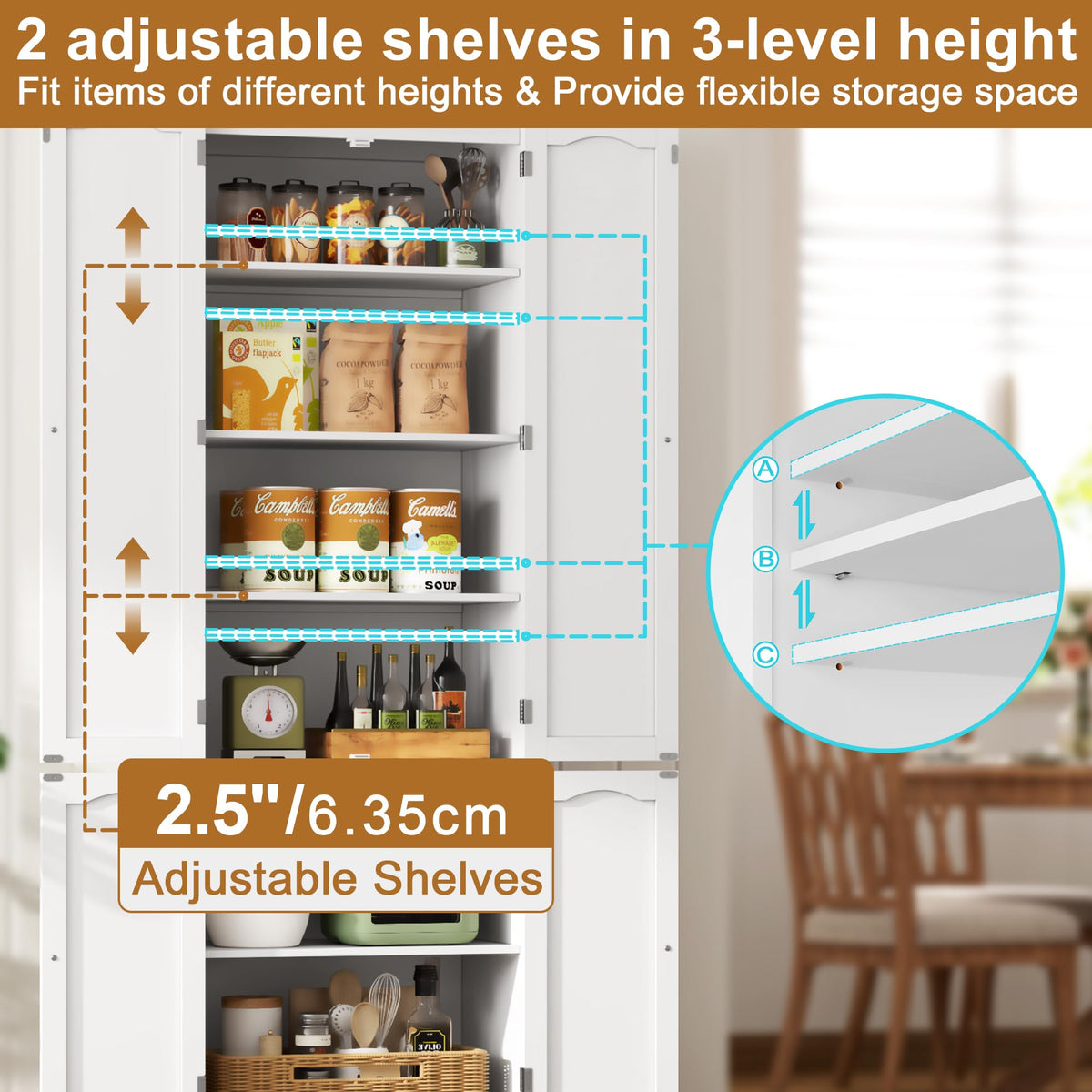 White 72" Kitchen Pantry Cabinet with Doors and Adjustable Shelves S88298