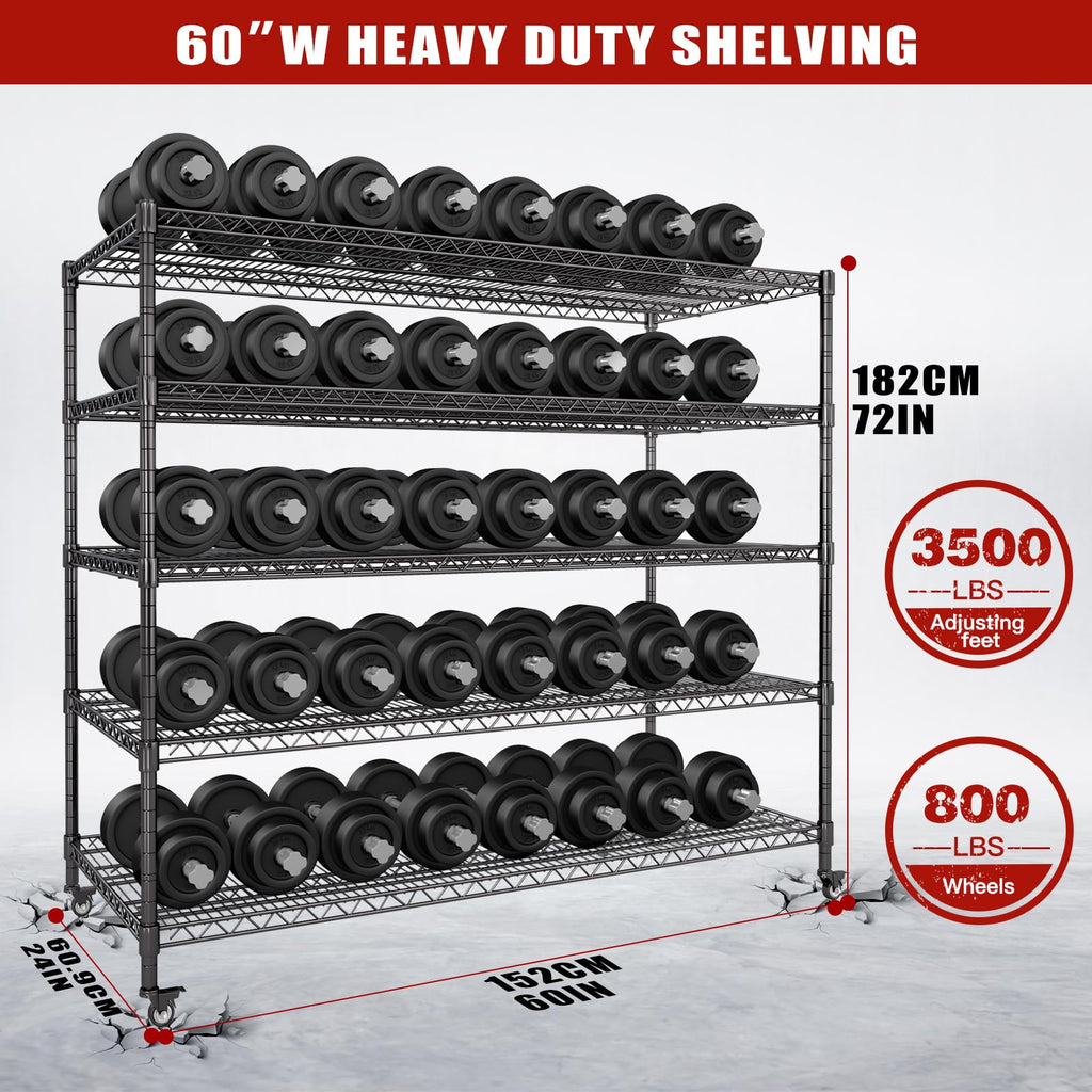 60”W 5 Tier Heavy Duty Metal Wire Shelving with Wheels P97203