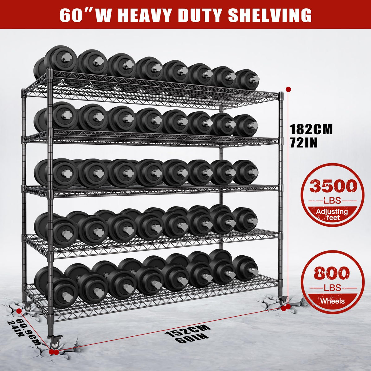 60”W 5 Tier Heavy Duty Metal Wire Shelving with Wheels P97203