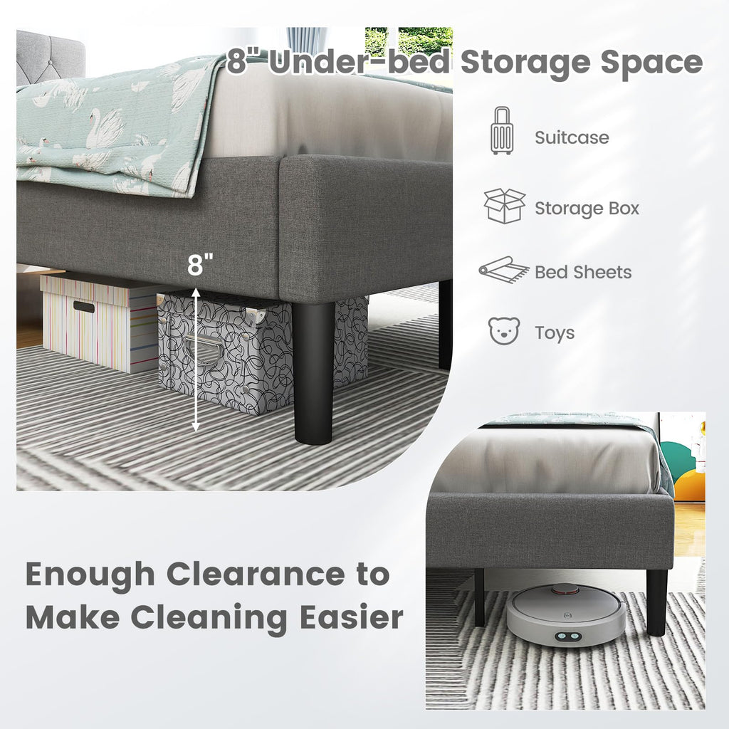 Grey Twin Upholstered Platform Bed with Headboard X12488