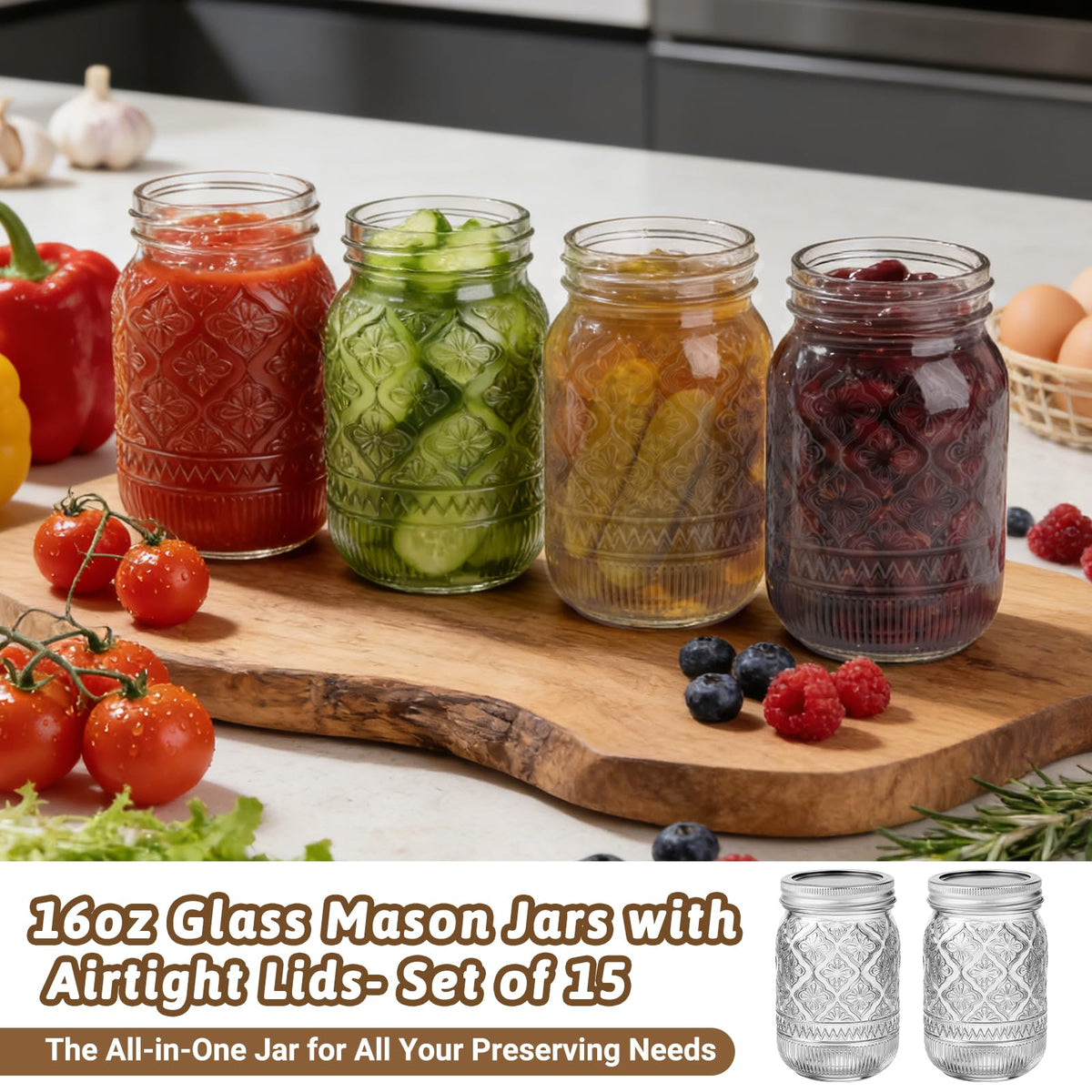 16oz Embossed Mason Jars 15-Pack with Airtight Lids X526