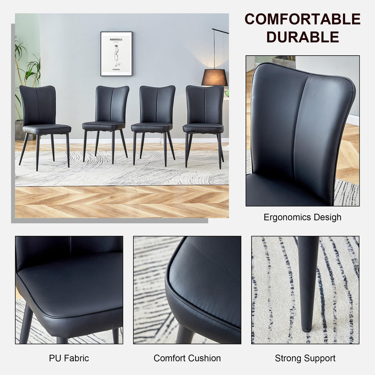 Black Faux PU Leather Dining Chairs Set of 4 A36122