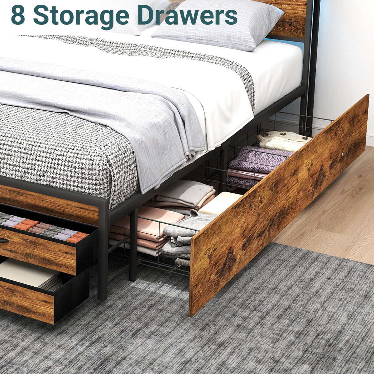 Queen Size Bed Frame with Headboard & 8 Storage Drawers K450130