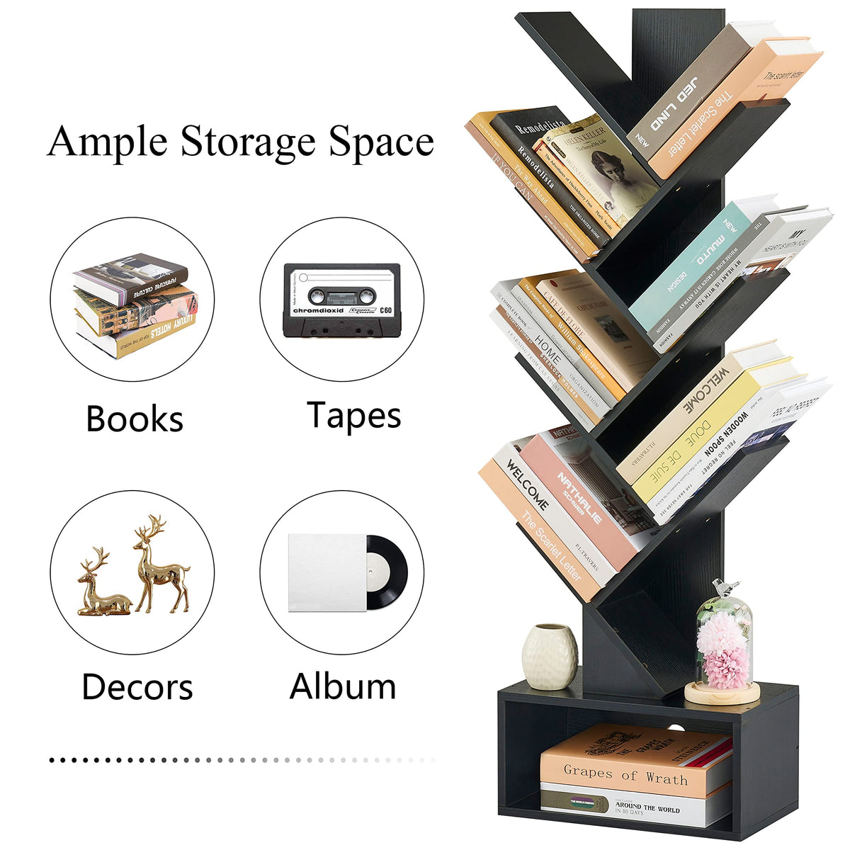 Black 6 Tier Wood Tree Bookshelf with Drawer A96024