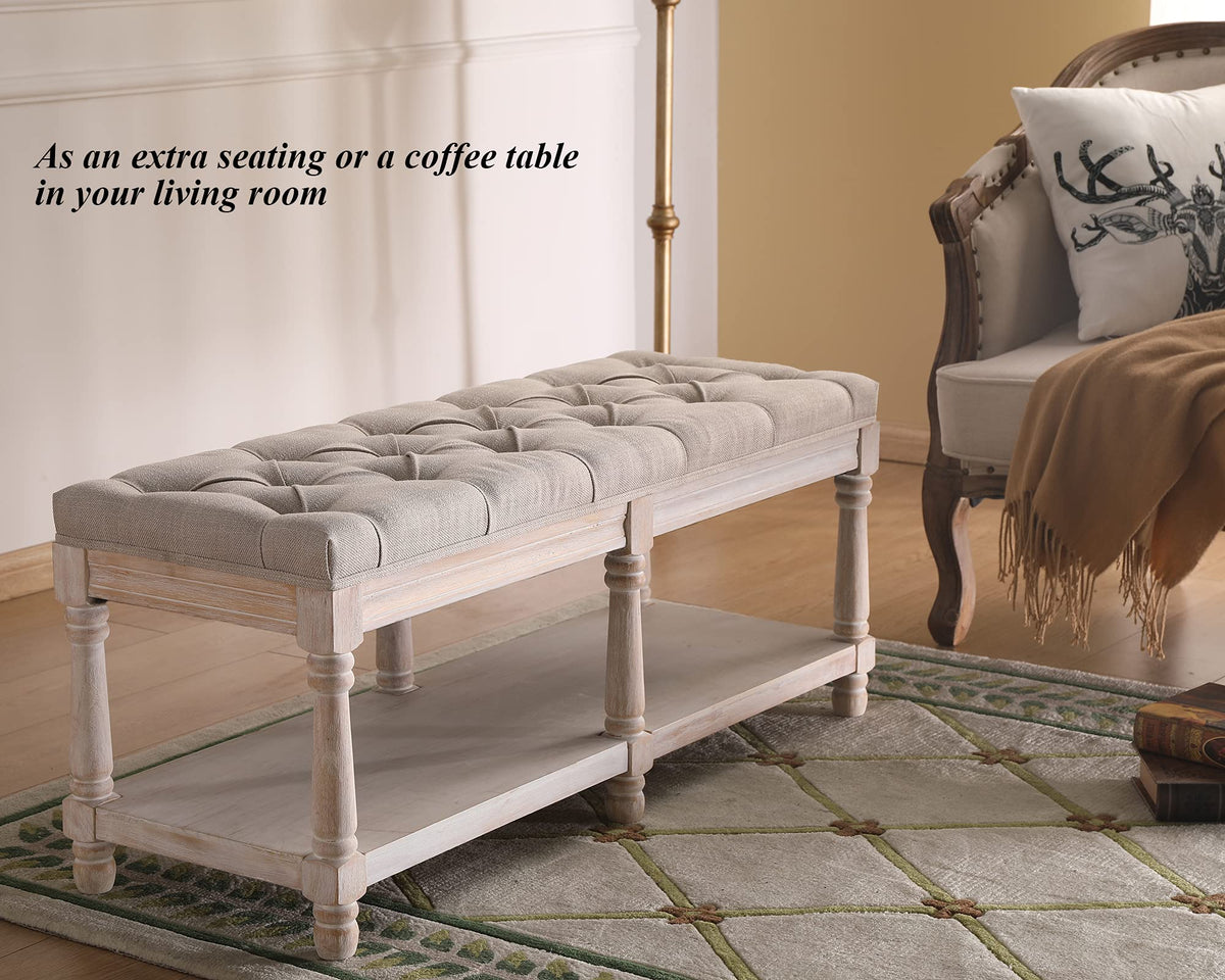 Beige Linen Upholstered Tufted Storage Bench with Shelf Z5530