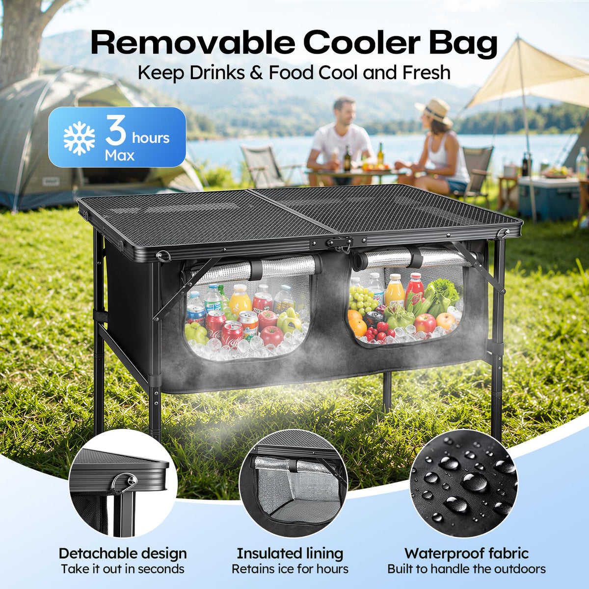 Folding Camping Table with Storage and Cooler Bag O283