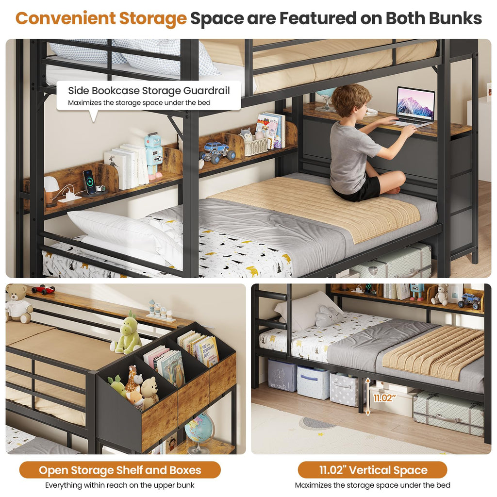Twin Over Twin Metal Bunk Bed with 6 Storage Drawers, Led Lights and Charging Station, Black K7459