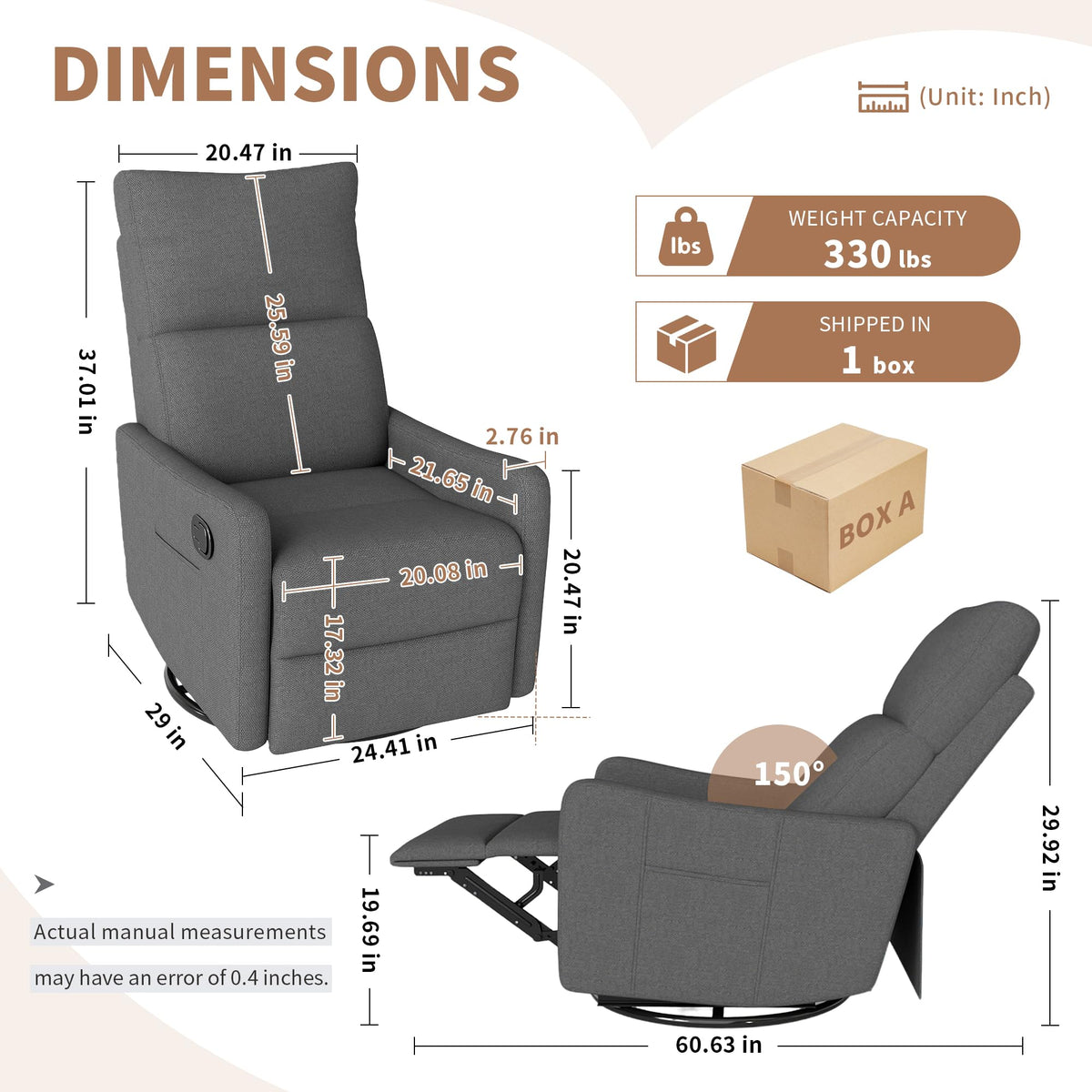 Dark Gray Swivel Rocker Recliner Chair D1061
