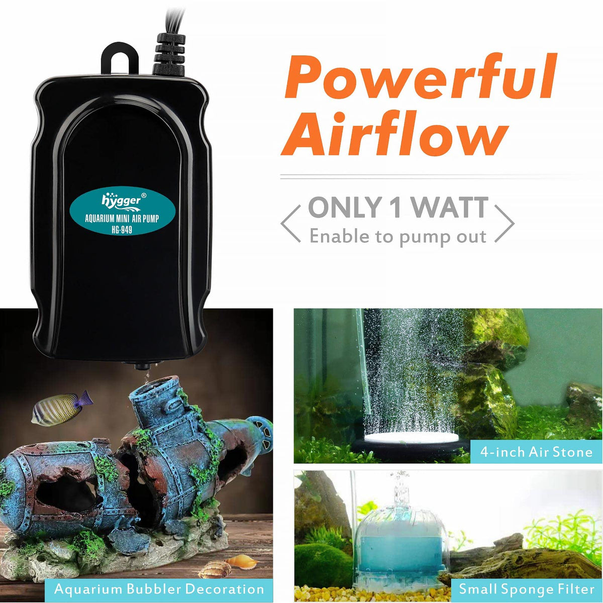 Mini Aquarium Air Pump Kit 1W for 2-20 Gallon Fish Tank with Air Tube T479