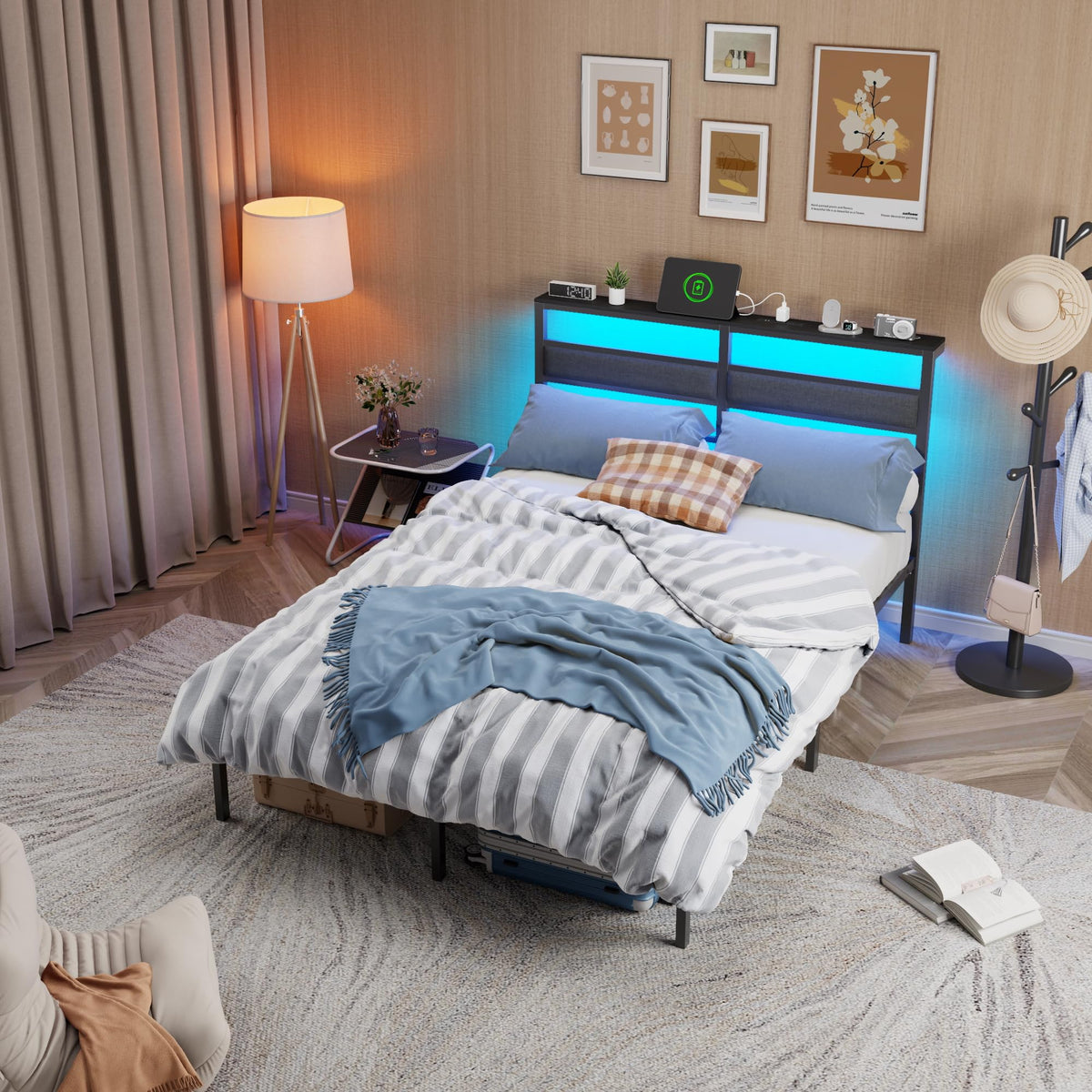 Full Size Black Platform Bed with LED Lights & Charging N349944