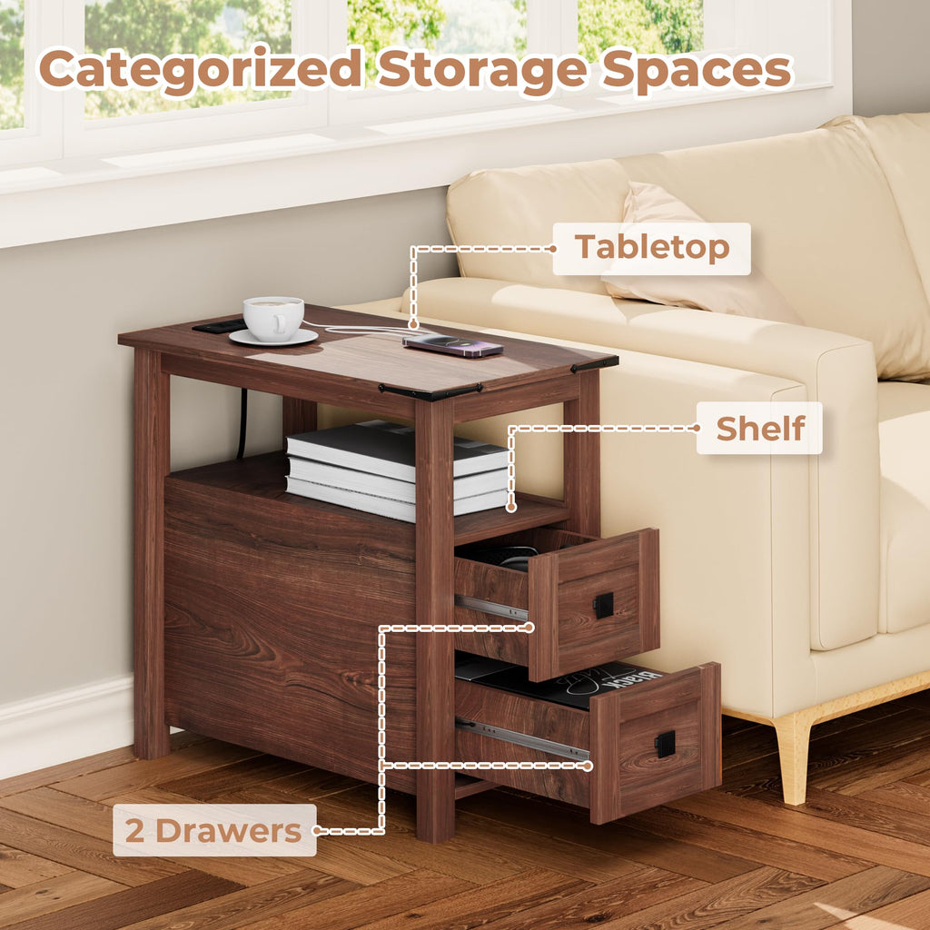 Cherry Wood End Table with Charging Station and 2 Storage Drawers E130