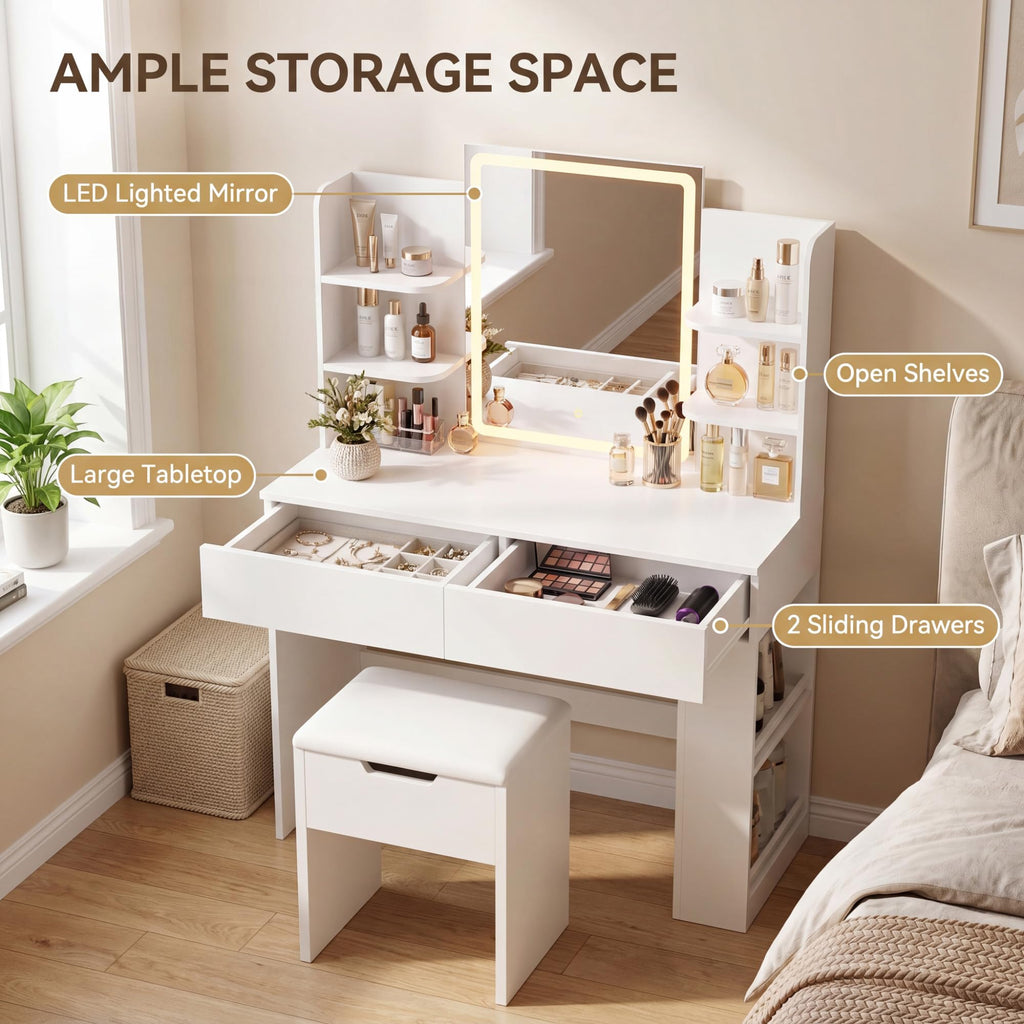 White Vanity Desk Set with LED Mirror P2588