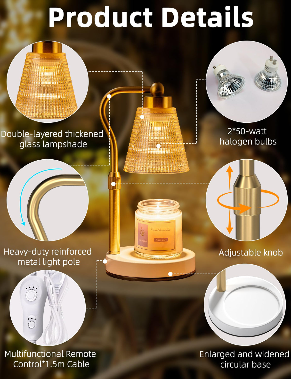 Height Adjustable Dimmable Candle Warmer Lamp with Timer V143