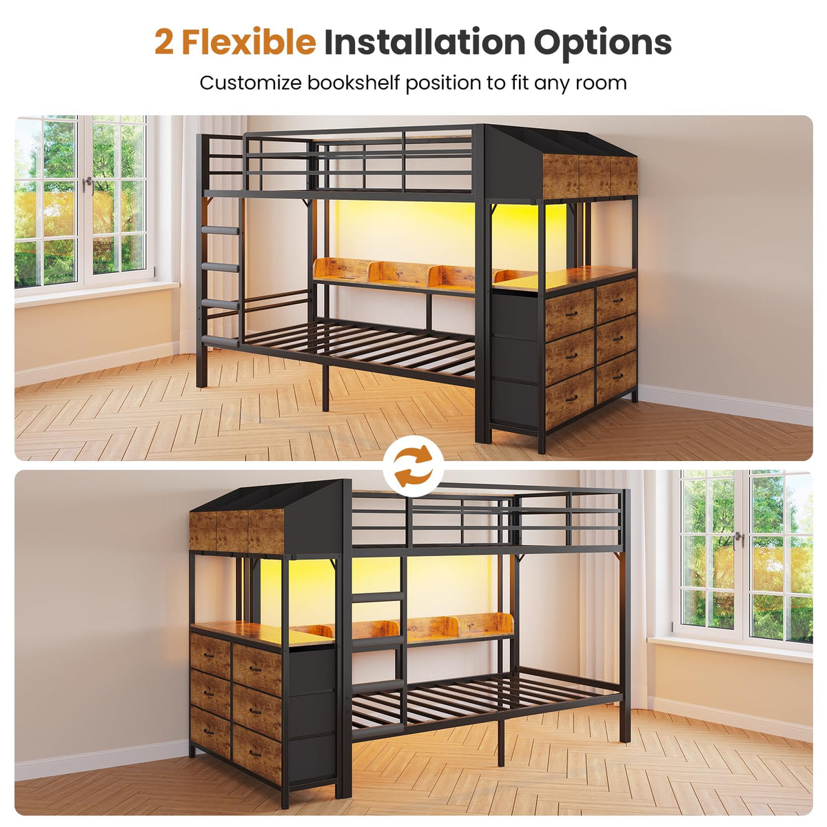 Twin Over Twin Metal Bunk Bed with 6 Storage Drawers, Led Lights and Charging Station, Black K7459