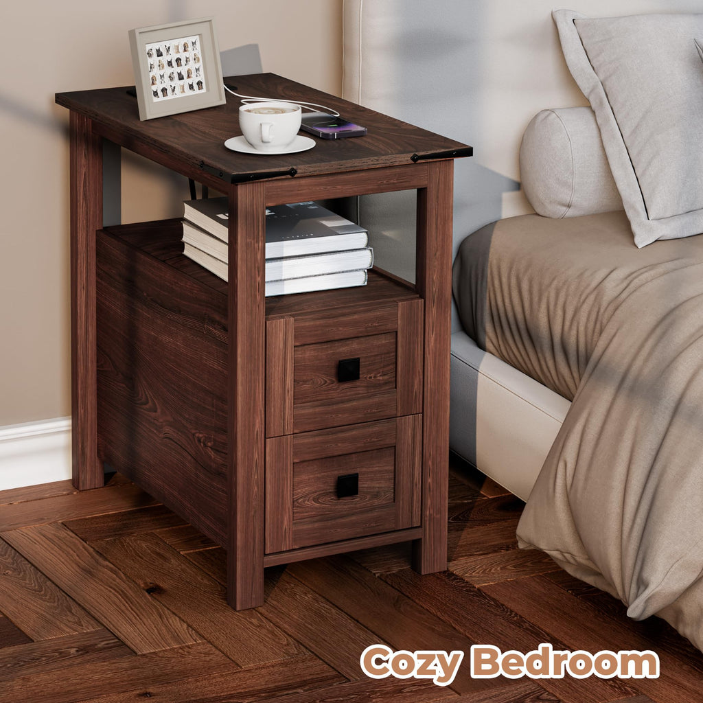 Cherry Wood End Table with Charging Station and 2 Storage Drawers E130