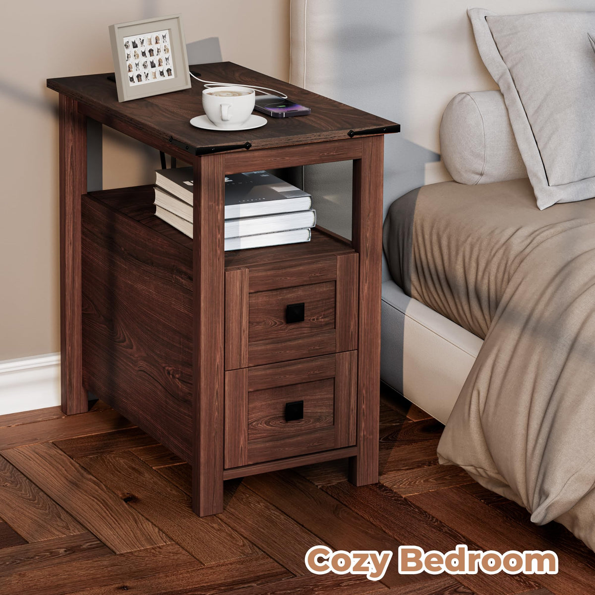 Cherry Wood End Table with Charging Station and 2 Storage Drawers E130