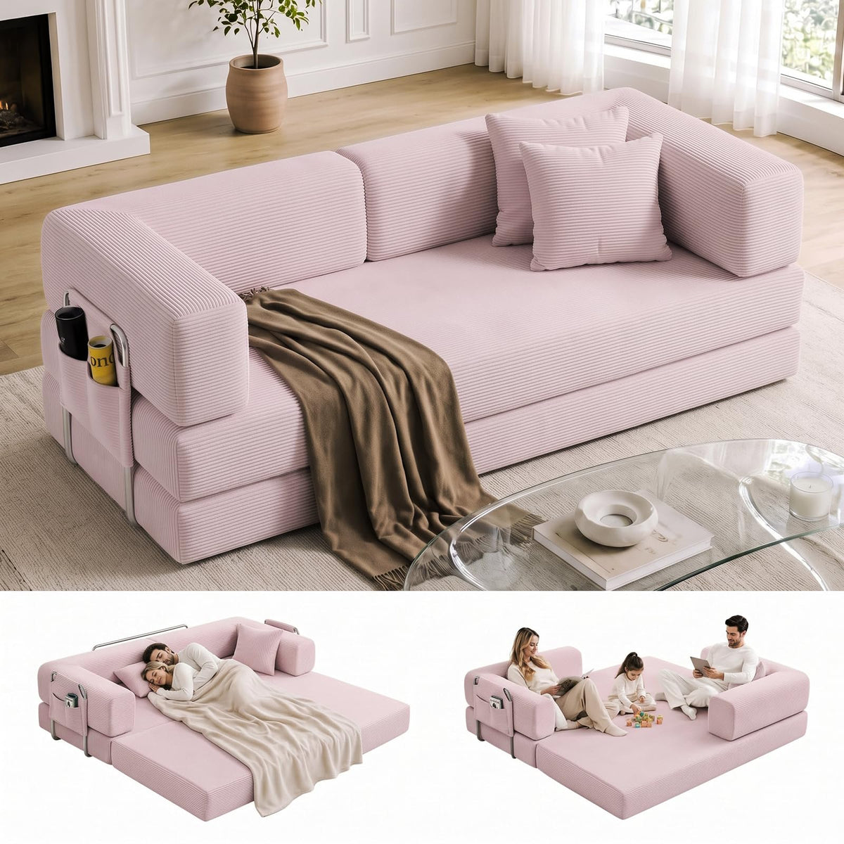 Folding Convertible Corduroy Sofa Bed King Size E571291