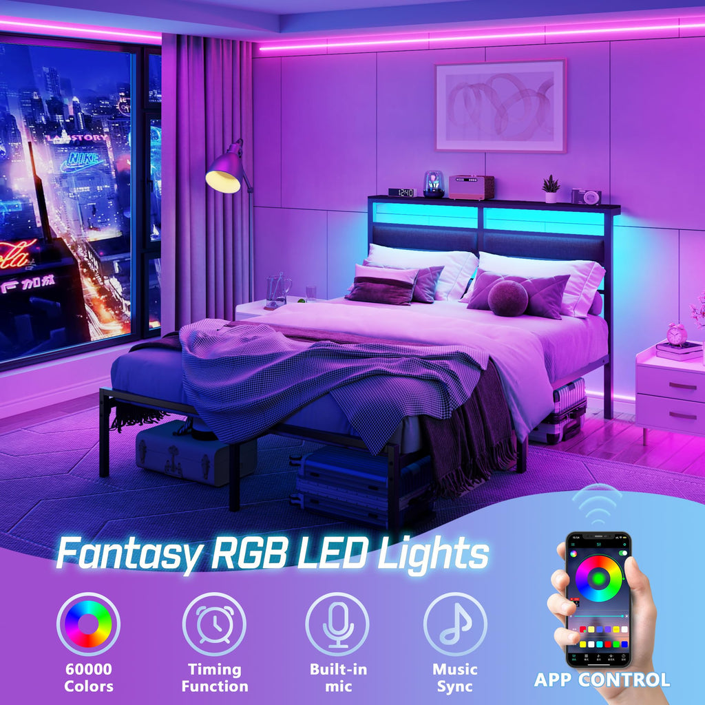 Full Size Black Platform Bed with LED Lights & Charging N349944
