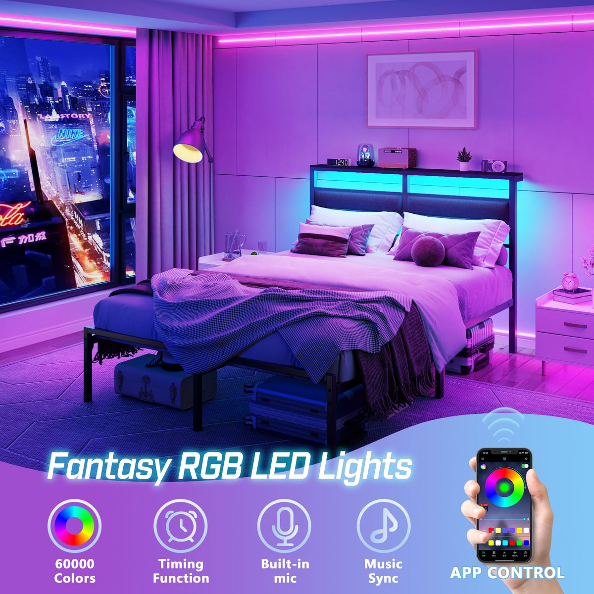 Full Size Black Platform Bed with LED Lights & Charging N349944