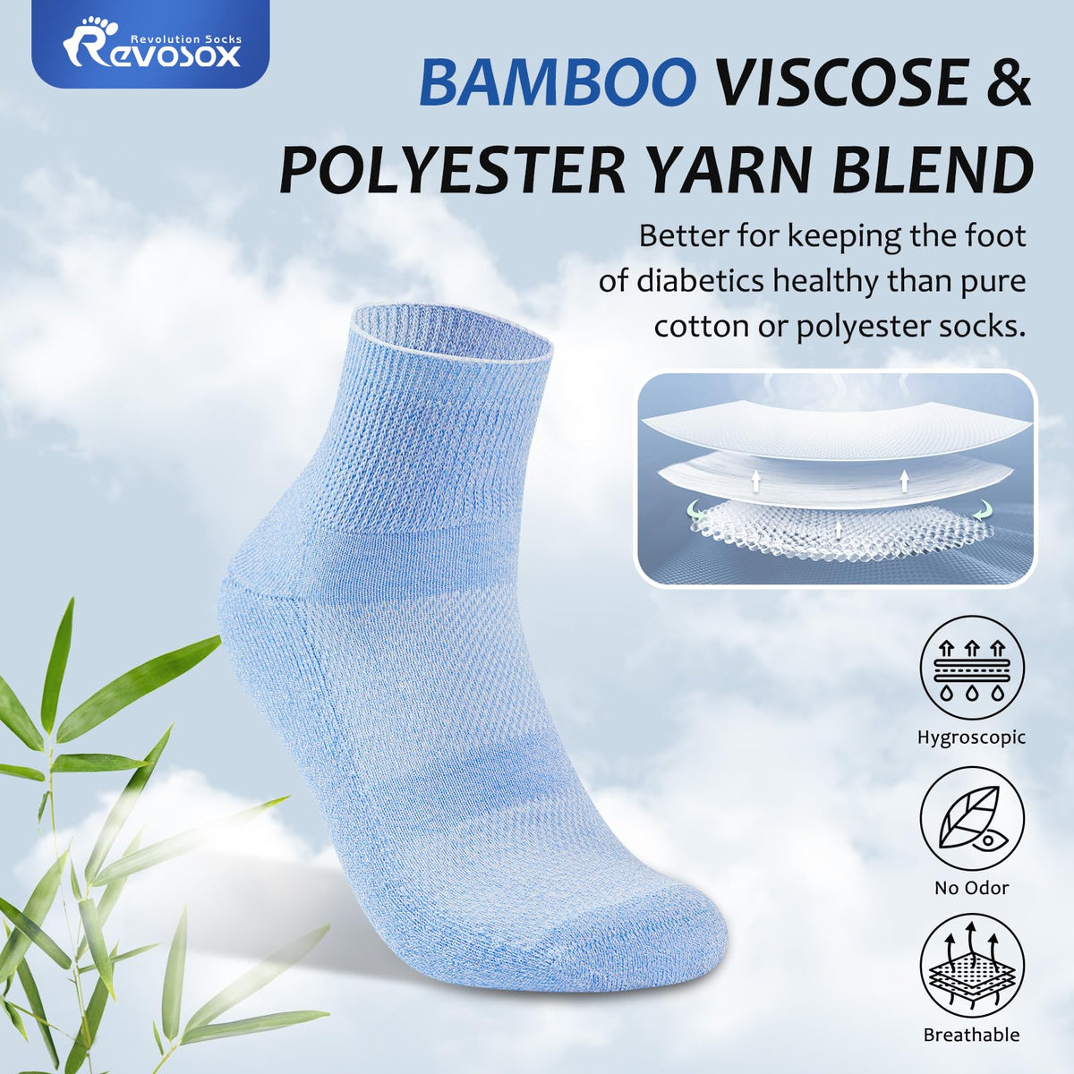 5 Pairs Bamboo Viscose Non-Binding Diabetic Ankle Socks W2653