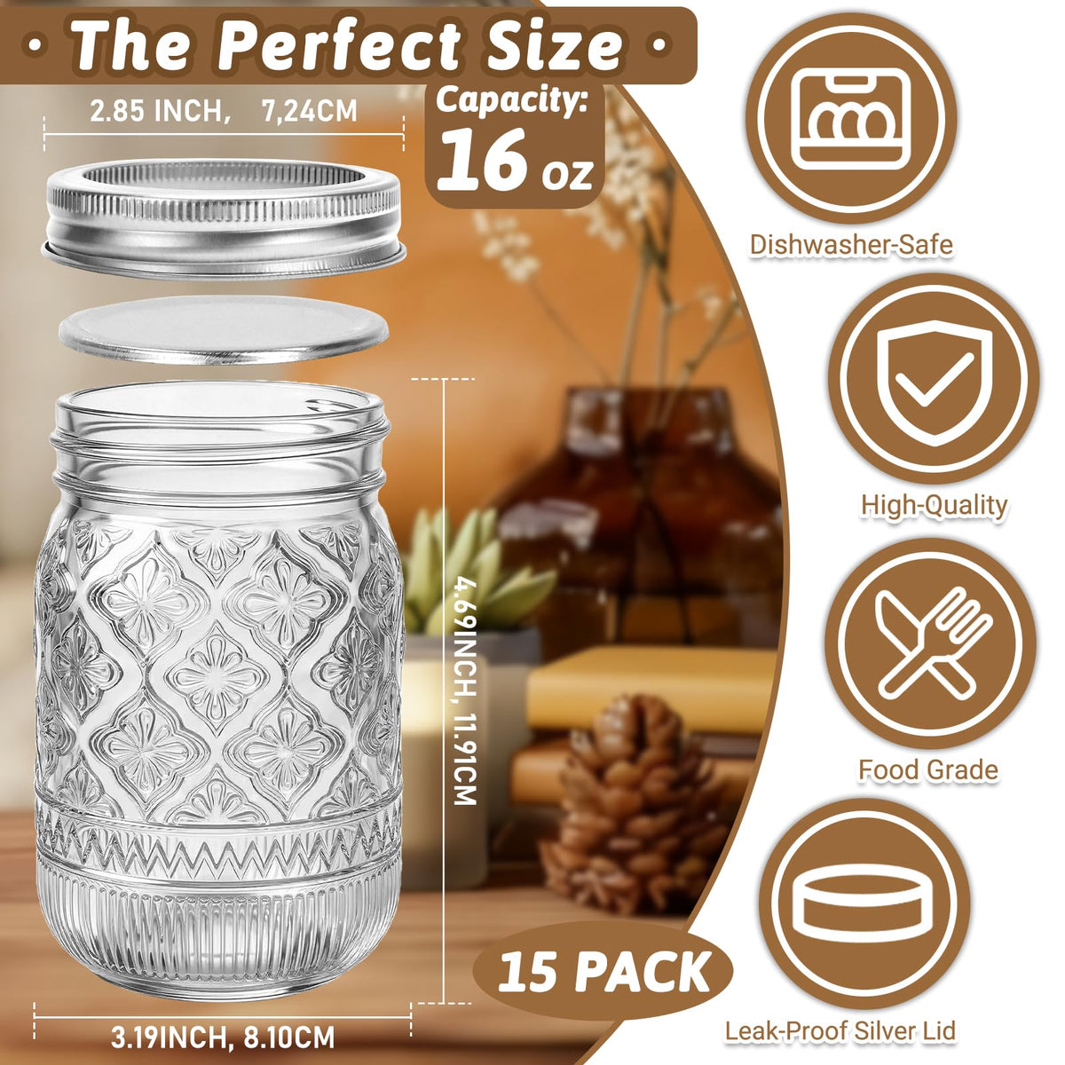 16oz Embossed Mason Jars 15-Pack with Airtight Lids X526