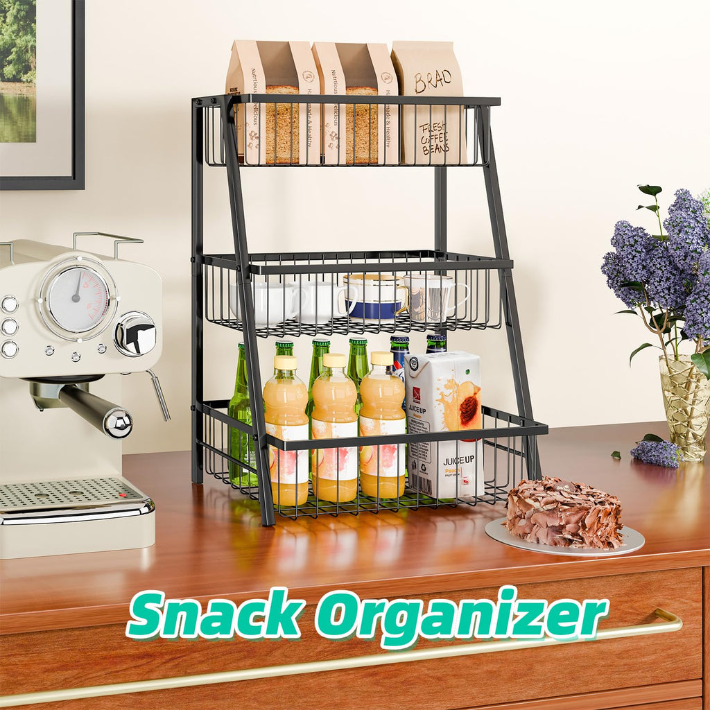3-Tier Black Metal Wire Fruit Basket with Banana Hooks D90184