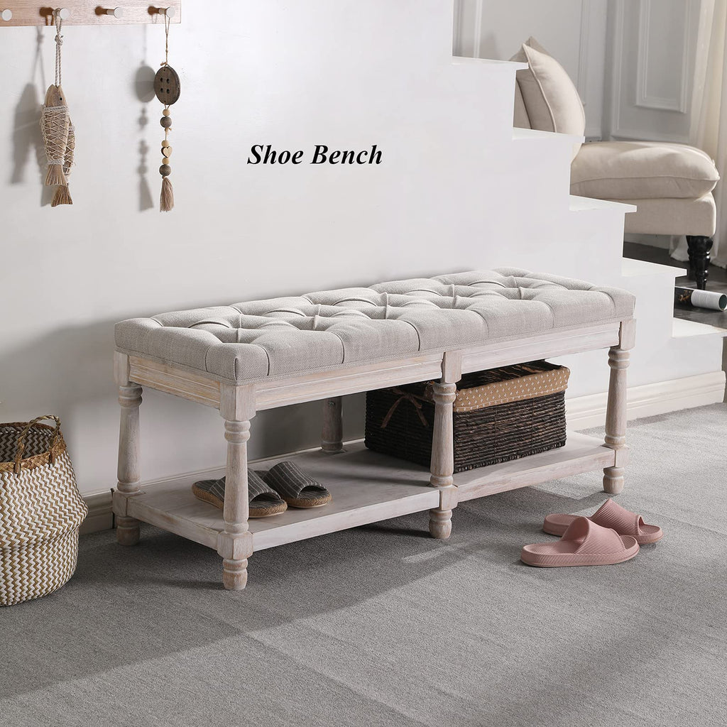 Beige Linen Upholstered Tufted Storage Bench with Shelf Z5530