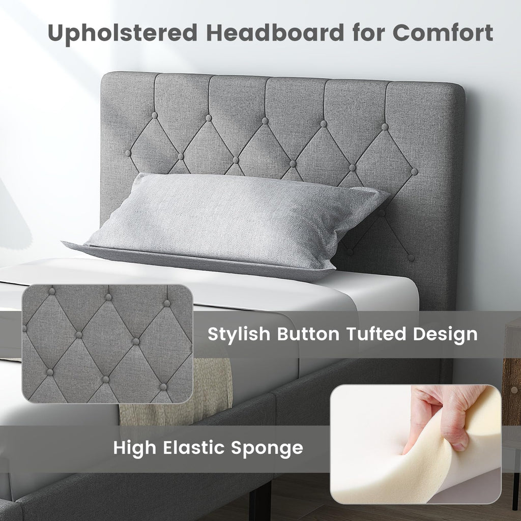 Grey Twin Upholstered Platform Bed with Headboard X12488