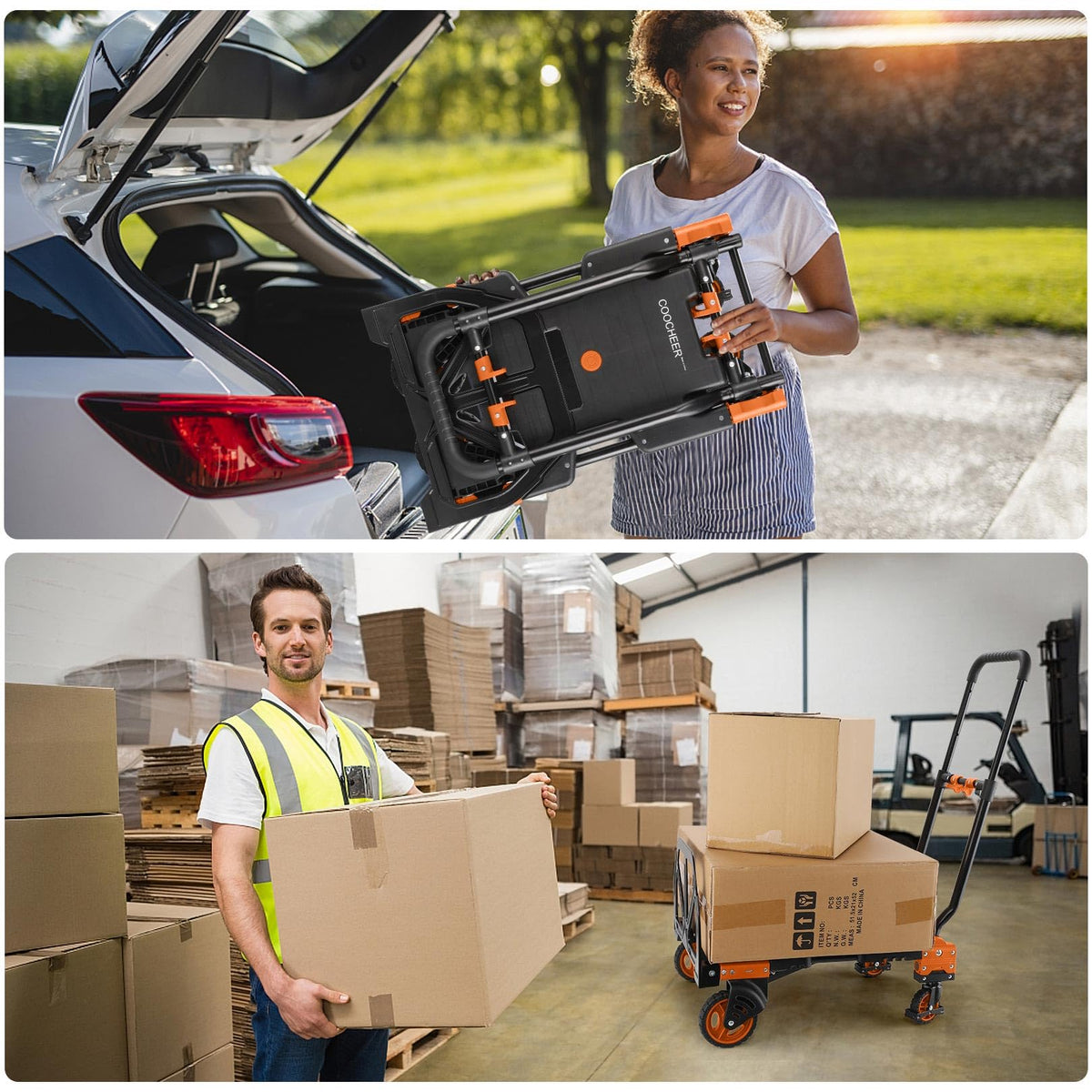 Folding Hand Truck Dolly, 330lb 4 to 2 Wheel Moving Cart, Orange F69115