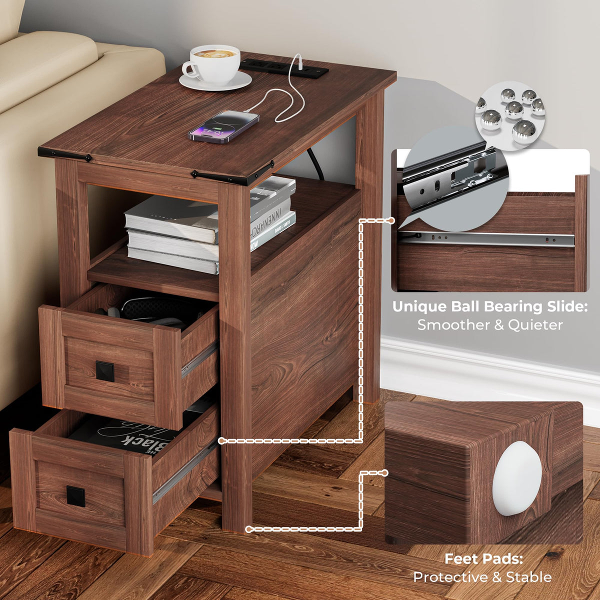 Cherry Wood End Table with Charging Station and 2 Storage Drawers E130