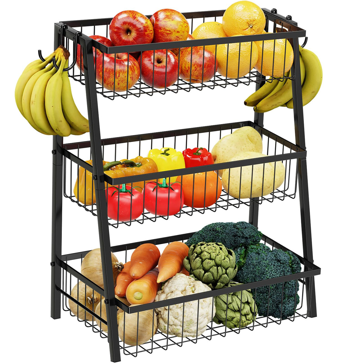 3-Tier Black Metal Wire Fruit Basket with Banana Hooks D90184