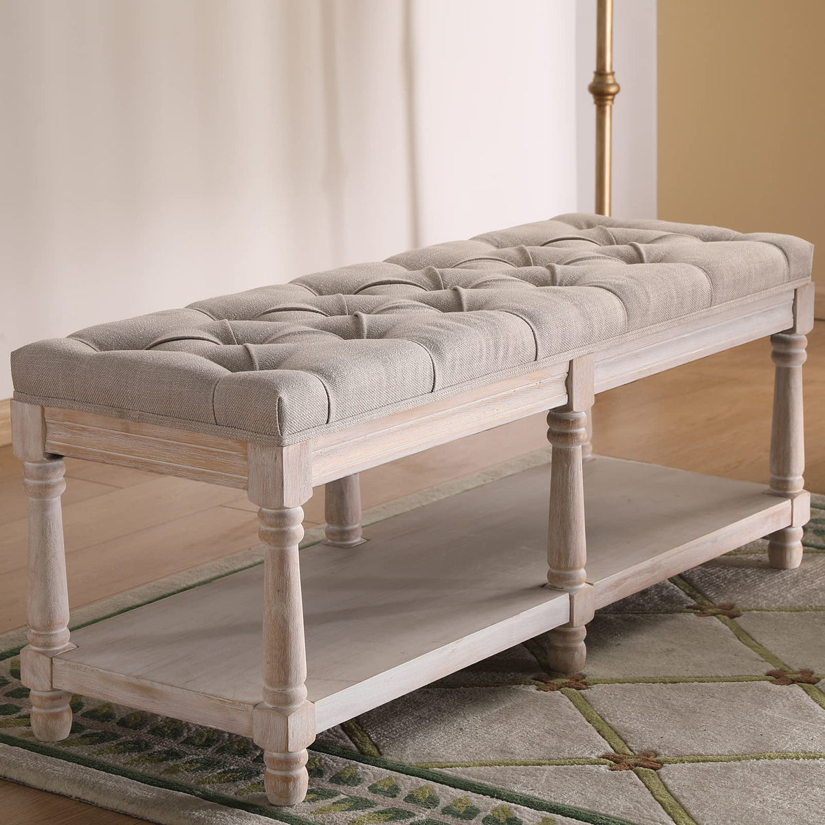 Beige Linen Upholstered Tufted Storage Bench with Shelf Z5530