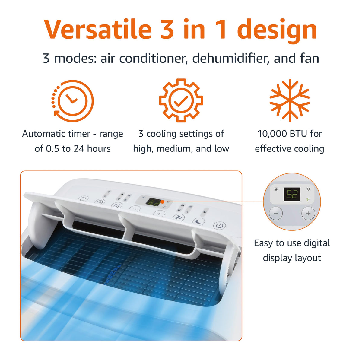 3-In-1 Portable Air Conditioner with Remote, 10000 BTU, White W21014