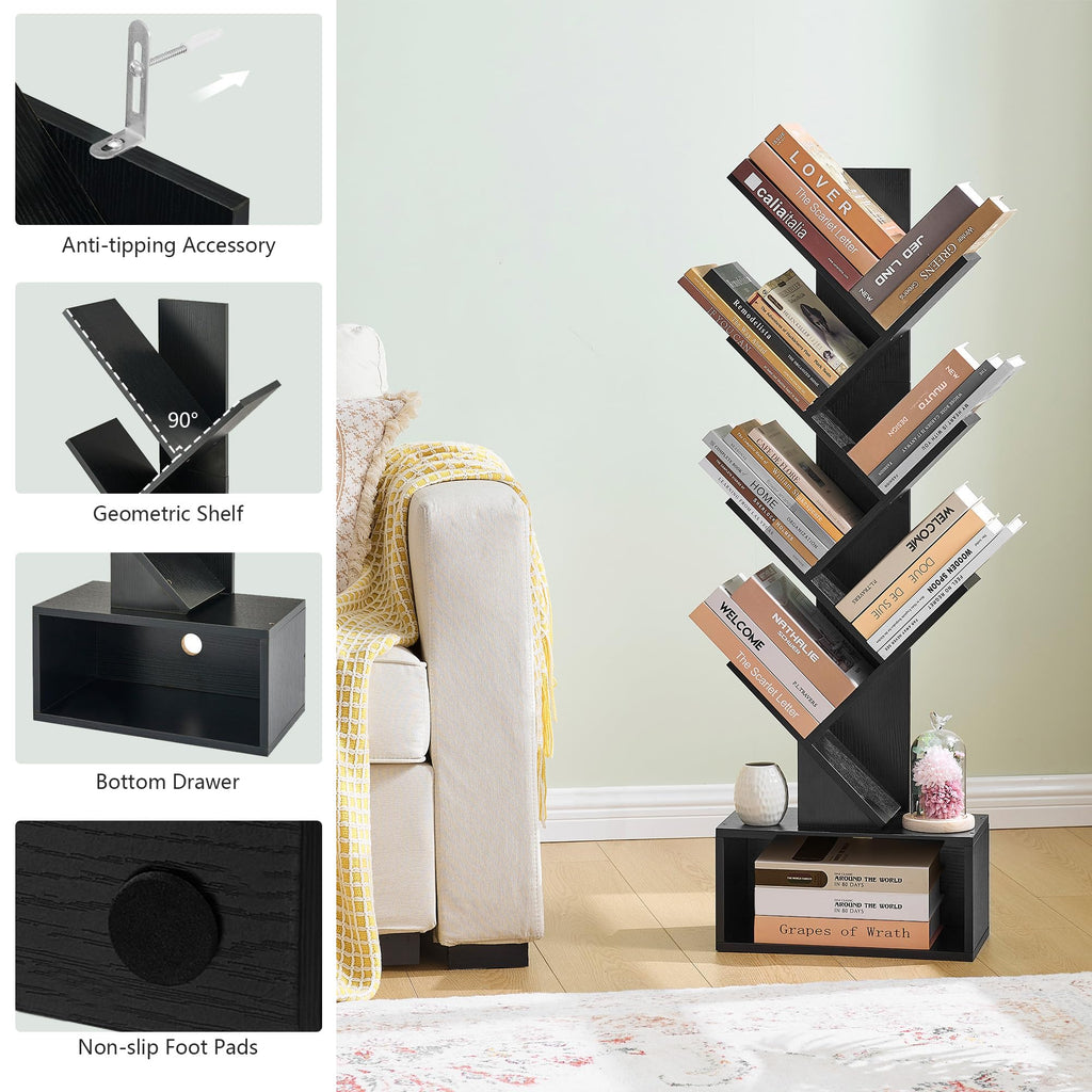 Black 6 Tier Wood Tree Bookshelf with Drawer A96024
