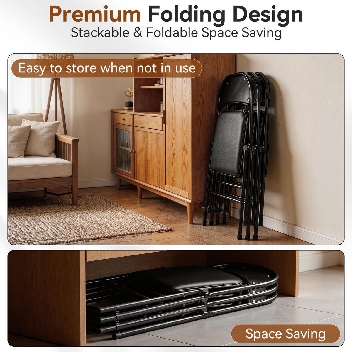 Black Folding Chairs with Padded Seats, 10 Pack I48622